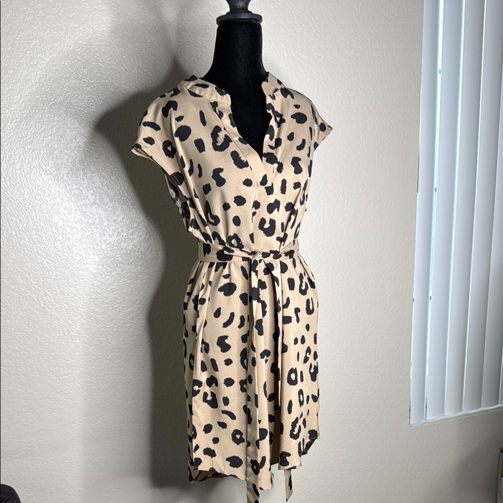 Tan and Black Wrap Sundress with Notched Collar - Picture 4 of 6